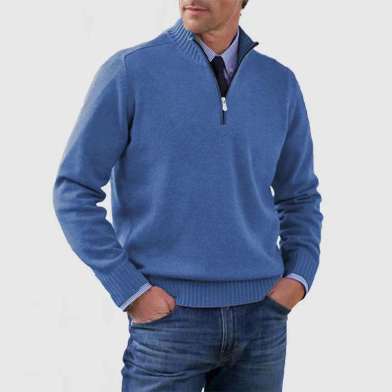 Men's cotton turtleneck sweater with zipper closure.