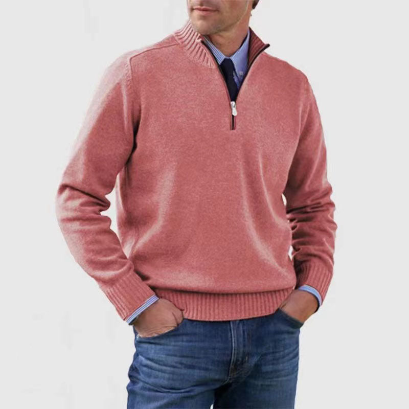 Men's cotton turtleneck sweater with zipper closure.