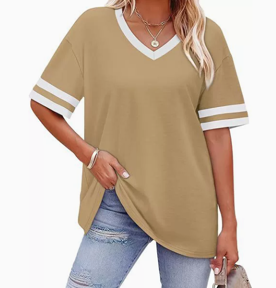 WIHOLL Womens T Shirts Loose Fit Short Sleeve Tees V Neck Color Block Summer Tops 2026 Fashion S-3XL