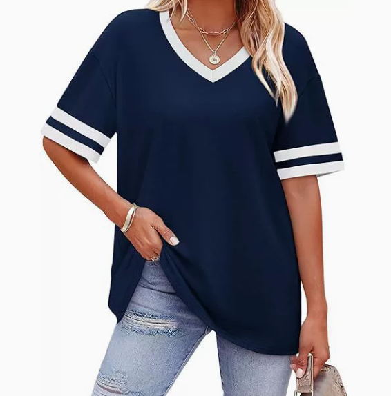 WIHOLL Womens T Shirts Loose Fit Short Sleeve Tees V Neck Color Block Summer Tops 2026 Fashion S-3XL