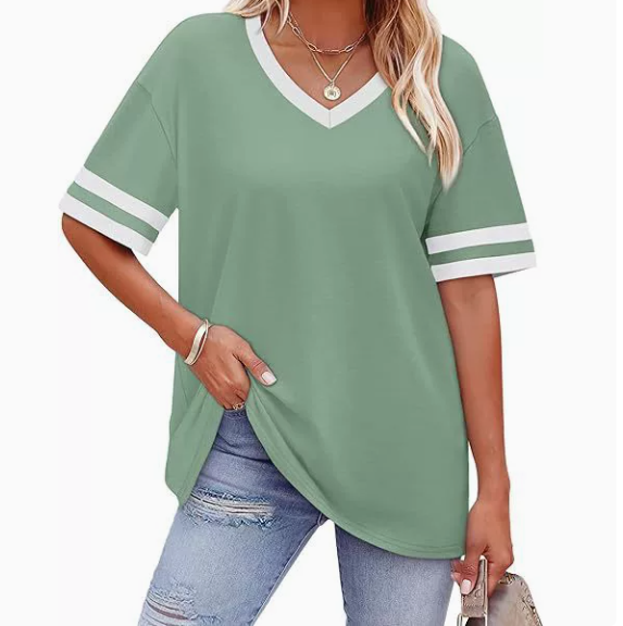 WIHOLL Womens T Shirts Loose Fit Short Sleeve Tees V Neck Color Block Summer Tops 2026 Fashion S-3XL
